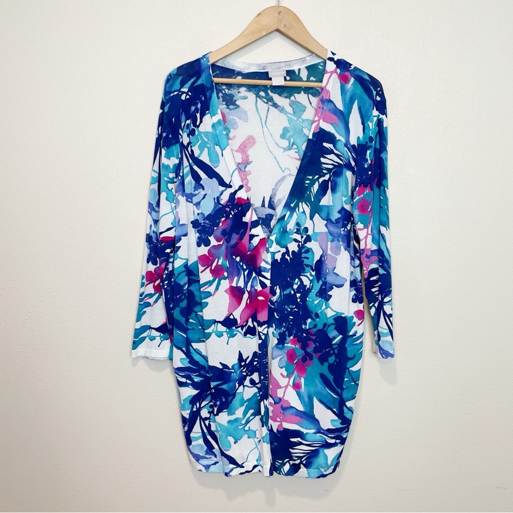 Chicos Floral Longline Single Button Lightweight Cardigan Size 2/US Large